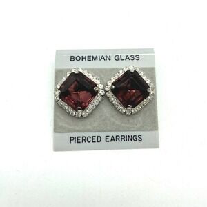 Vintage Bohemian Glass Pierced Earrings Square Dark Red Rhinestone Stud